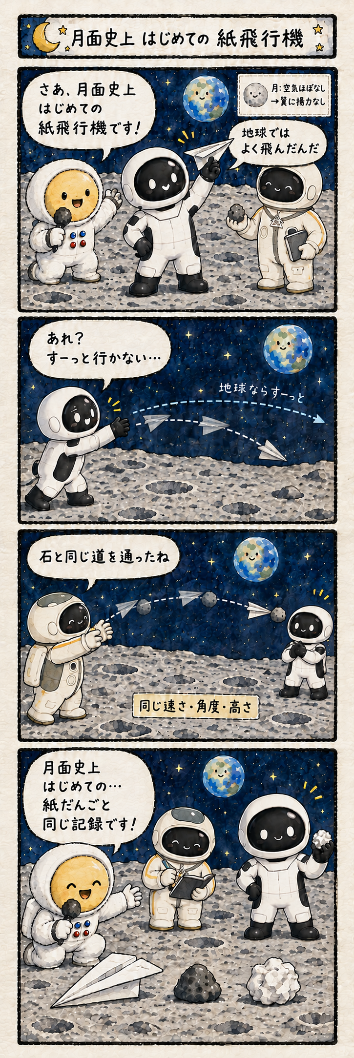 紙飛行機を持って月面に集まった宇宙服の仲間たち